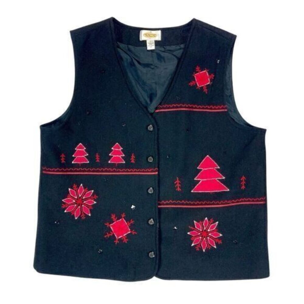 Talbots Holiday Vest Womens Large Black Red Wool Appliqué Embroidered‎ Christmas